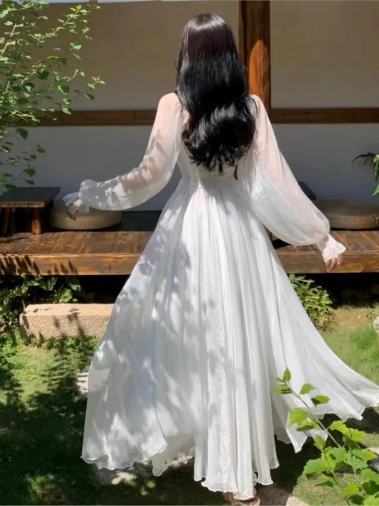 Elegant Holiday Beach Dresses Summer Women Solid White Puff Sleeve Slash Neck Off Shoulder Korean Fashion Chiffon Dresses