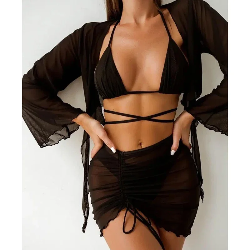 

Модный бандажный микро-бикини, женский сексуальный треугольный комплект бикини, сетчатая прозрачная накидка, новинка 2025 года, пляжная одежда, купальный костюм