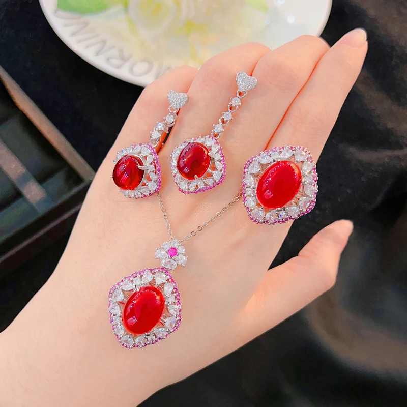 KOFSAC Women New Luxury Crystal Red Oval Geometric Necklace Earrings Ring 925 Silver Jewelry Set Lady Anniversary Accessories