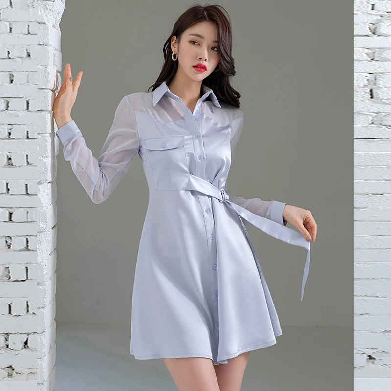 

JSXDHK 2022 Fashion Office Ladies Shirt Dress Chic Summer Women Mesh Patchwork Lace Up Turn Down Collar Solid Color Mini Dresses