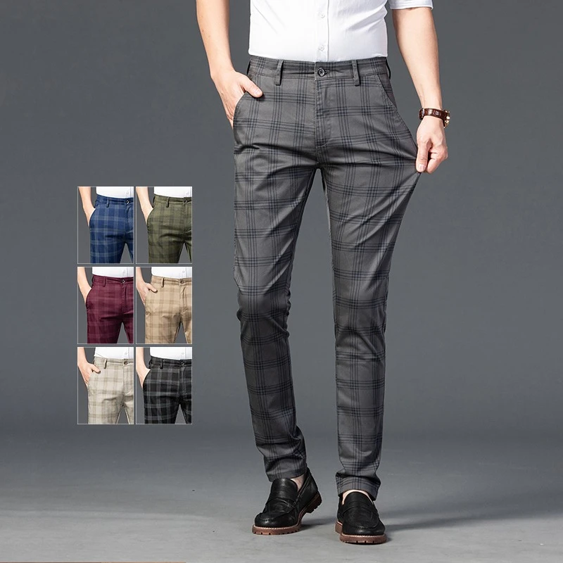 Brand Clothing Mens Casual Pants Fashion Plaid Classic Business Formal Trousers Elastic Straight Social Luxury Suit Pants