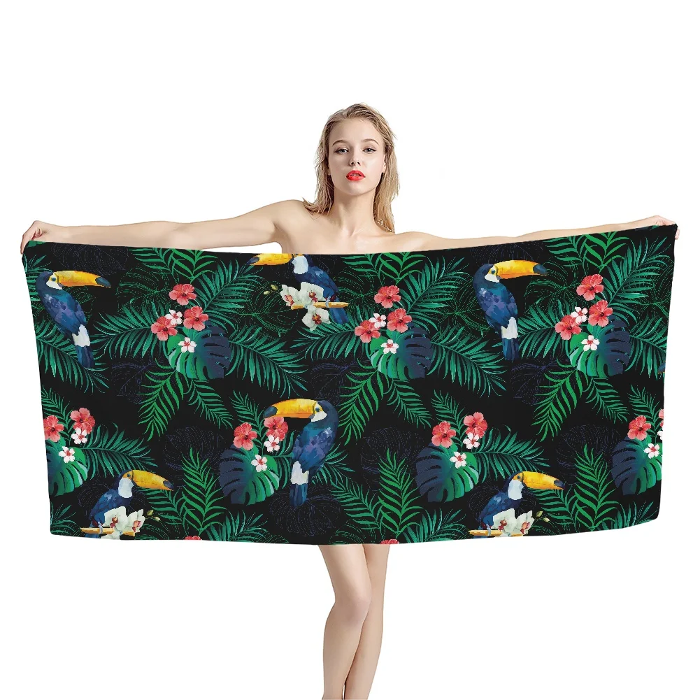 Tropical Style Flora and Fauna Quick Dry Beach Towel Microfiber Swimming Surfing Bath Towels Toucan Parrot Hibiscus Flower Women