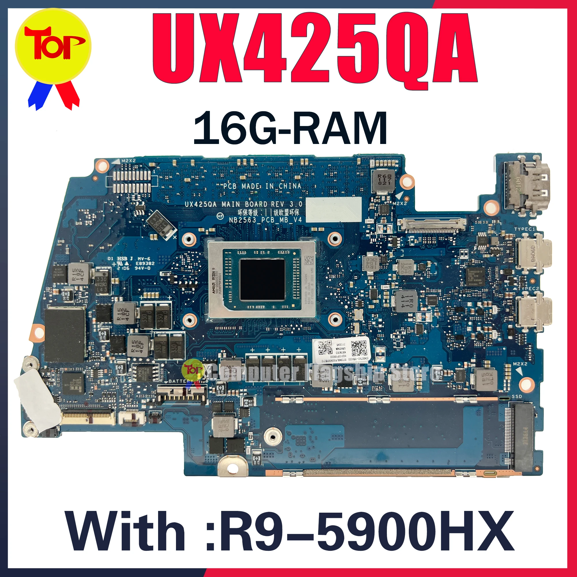 

Материнская плата UX425QA для ноутбука ASUS ZenBook 14 UM425QA UX425Q UM425Q NB2563_PCB_MB_V4 R7-5800H 16G-RAM материнская плата Testd