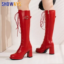 Red Lolita Lace-up Knee High Platform Boots Sweet Pink White Round Toe Chunky Heels Women Buckle Strap Zipper Riding Long Boots