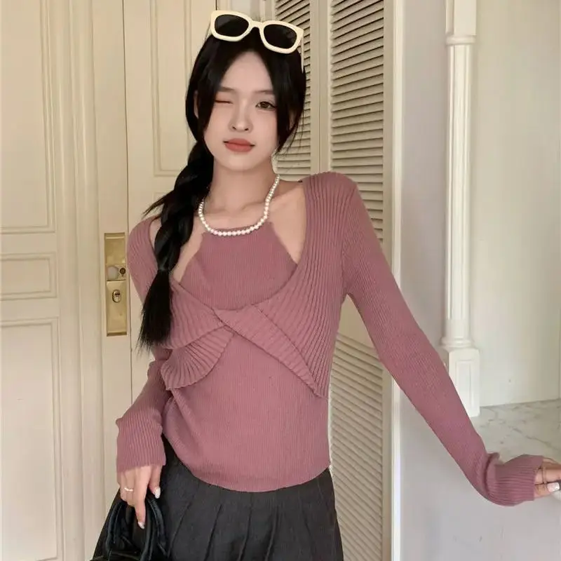 Pearl Neck Off-The-Shoulder Bottom Knitwear Pure Desire Spring  Autumn Short Long Sleeve Design Unique Twisted Top