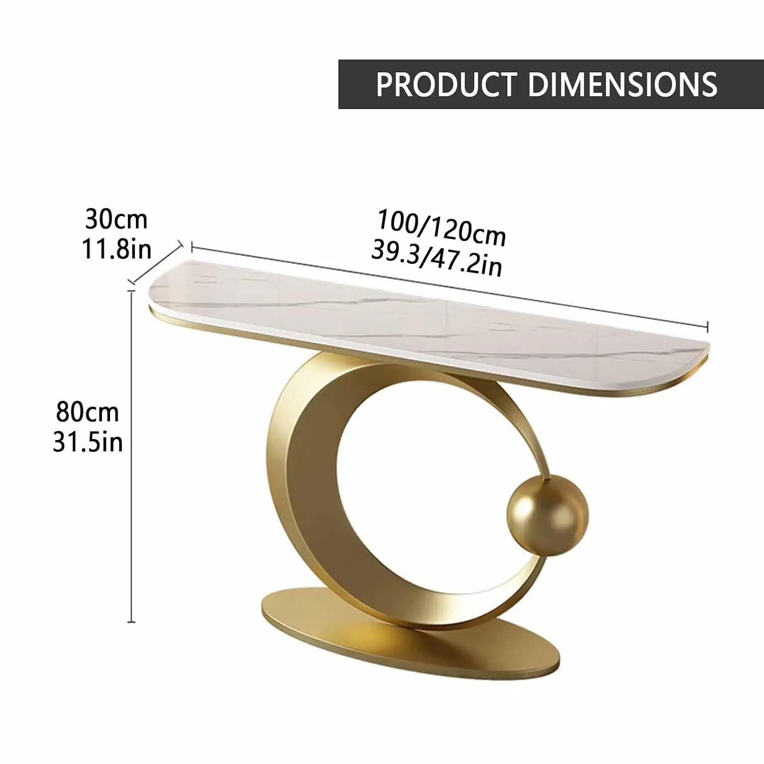 Semi-Circular Console Table Sintered Stone Top Metal Base Living Room Bedroom Entryway 100x30x80cm, Customized