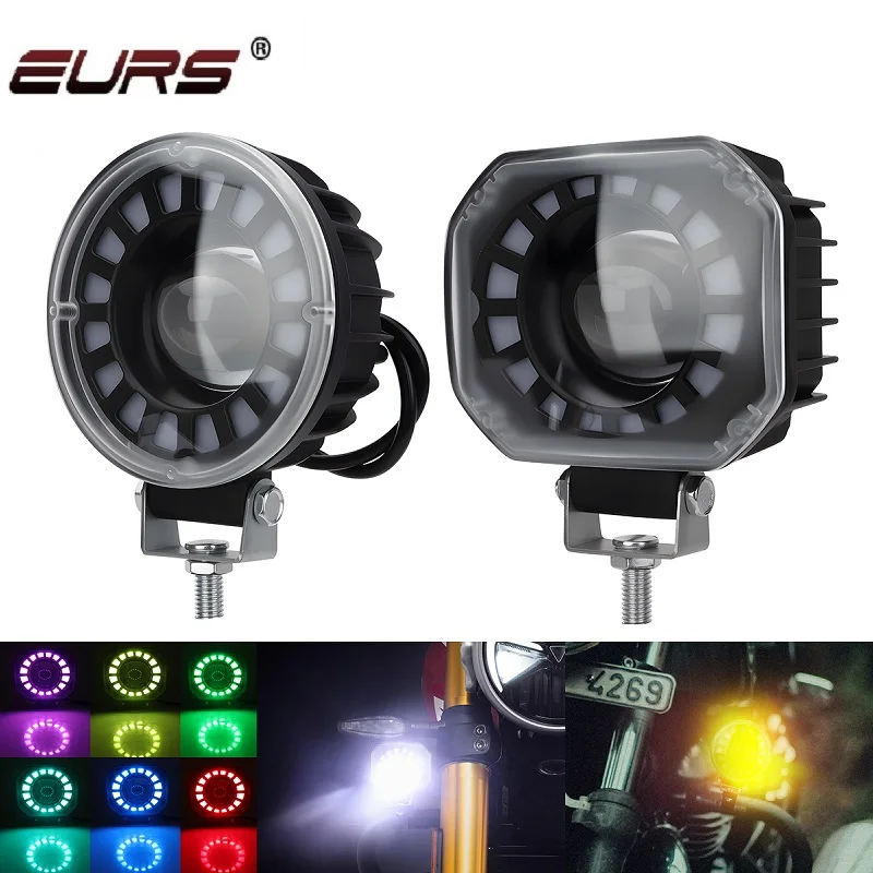 

1 шт. мотоциклетный светодиодный прожектор с диафрагмой RGB, мигающий свет с двумя линзами, белый, желтый, дальнего/ближнего света, фара DRL, лампа дальнего света