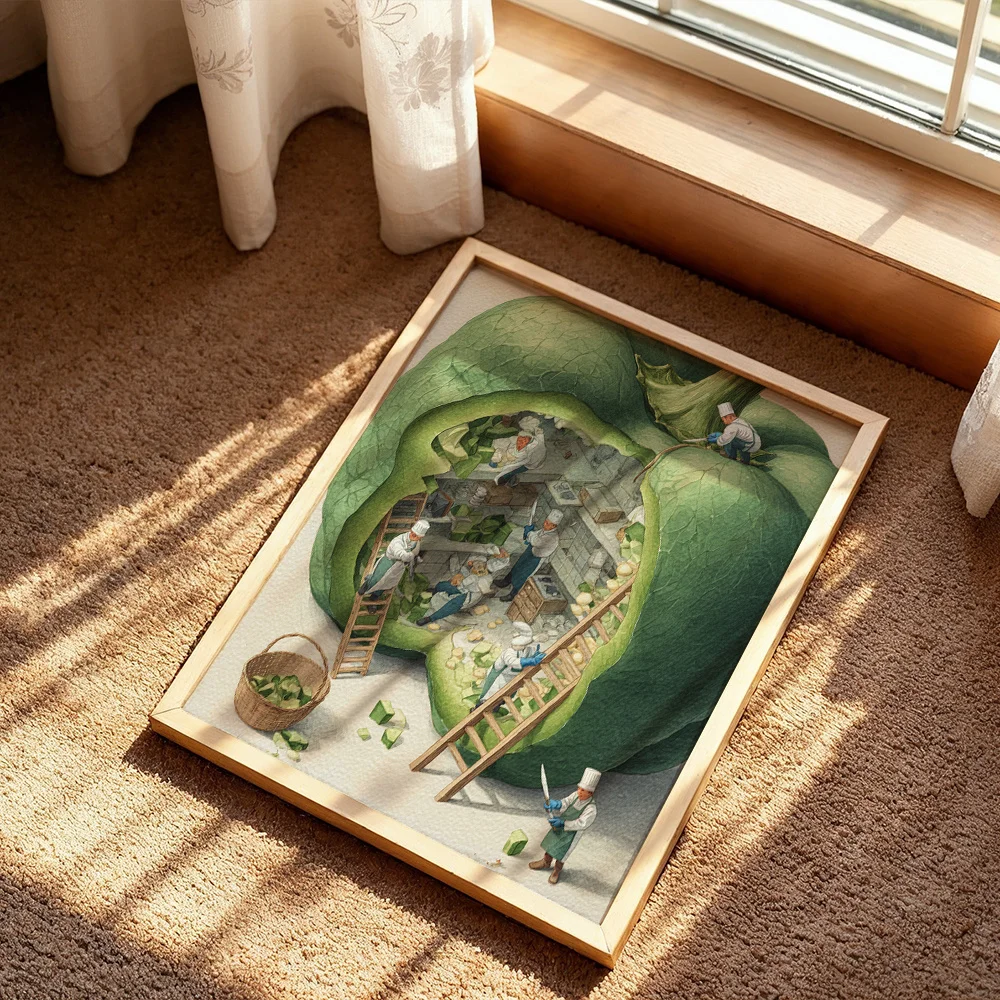 Vintage Mini Chefs Inside Giant Green Pepper Canvas Wall Decor Picture, 2D Printed Poster Wall Art