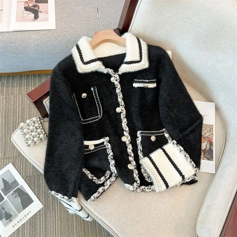 Temperament Patchwork Buttons Coat 2024 Fashion New Patchwork Knitting Cardigan Top Tee Thick Ladies Turn-down Collar Trend Tops