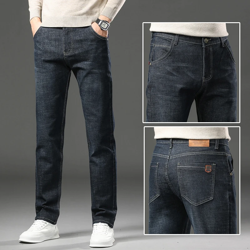 Pantalones vaqueros elásticos para hombre, Jeans informales de negocios a la moda, color negro y azul, 28-40 talla grande, cuatro estaciones