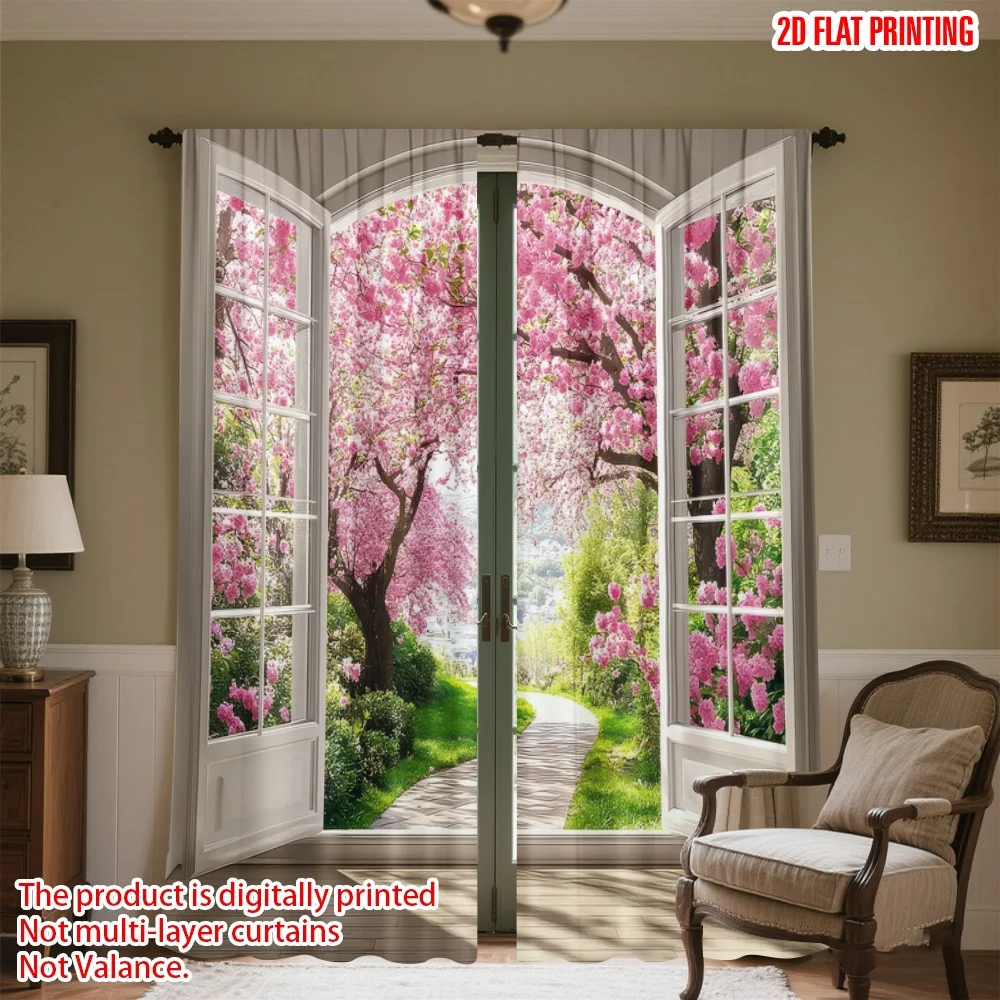 

2D flat printing 2pcs Party Curtain Spring Cherry Blossoms View Digital Printed Polyester Drapes Holiday Decorations for
