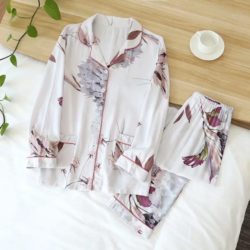 Spring and Autumn Women\'s100% viscose long-sleeved trouserslarge floral cotton silklarge size thin cardiganhome serviceshirt set