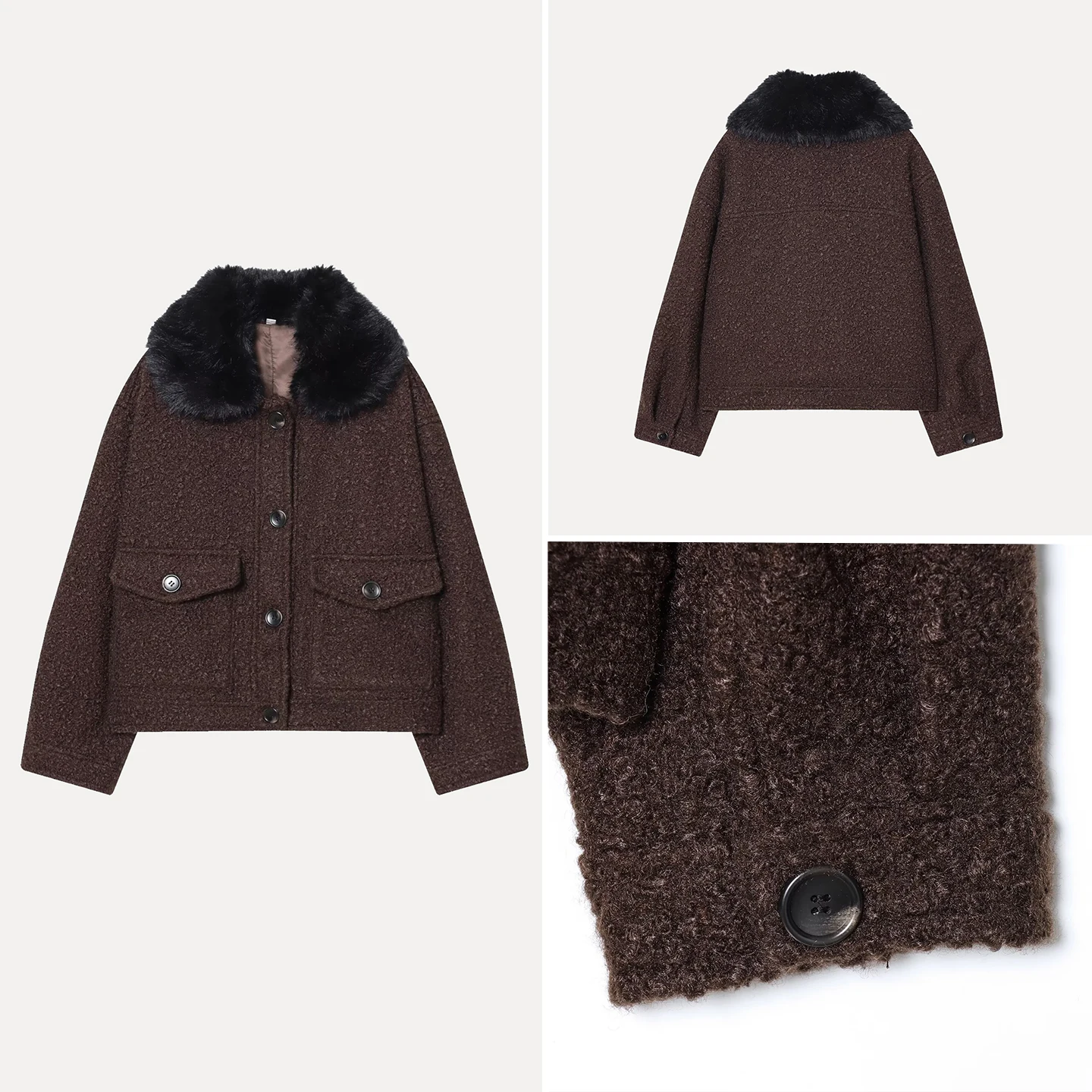 

Faionable Women's Cheered Coat with Fur Collar Autumn 2025 Stand Fit Long Sve Pure Color Button Detail Z