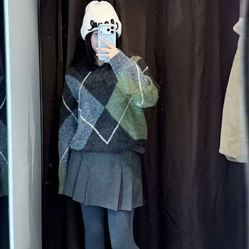 Pullover Women's Sweater Spring 2026 New Fashion Diamond Plaid Elegant Warm Women's Pullover Chic Young Long-Sleeved Pullover