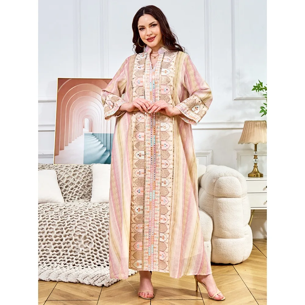 イスラム教徒の女性長袖アバヤドバイトルコスパンコール刺繍パーティーイブニングドレスイスラムファッションファムウェディングローブストライプドレス