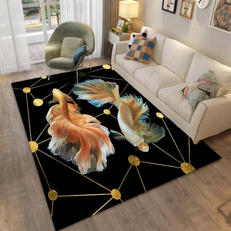 3D GoldFish Siamese Betta Fish Area Rug Carpet for Living Room Bedroom Sofa Mat Doormat Home Decor,Kid Play Non-slip Floor Mat