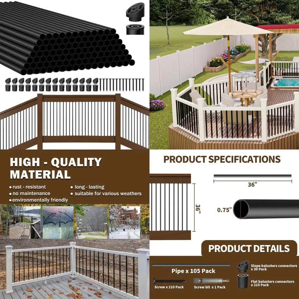 36 Aluminum Deck Balusters, 3/4 Round Railing Spindles with Connectors and Screws, Hollow Black Metal Stair Spindles
