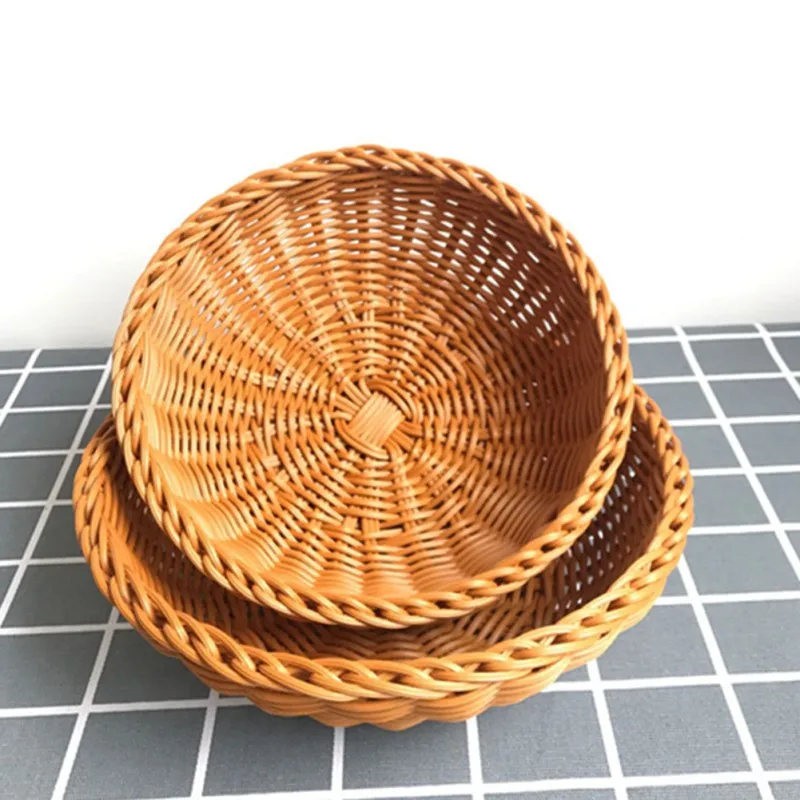 22cm/25cm Round Natural Fruit Baskets Food Storage Bowl Decorative Rattan Wicker Serving Basket For Dessert Snacks Bread Baskets