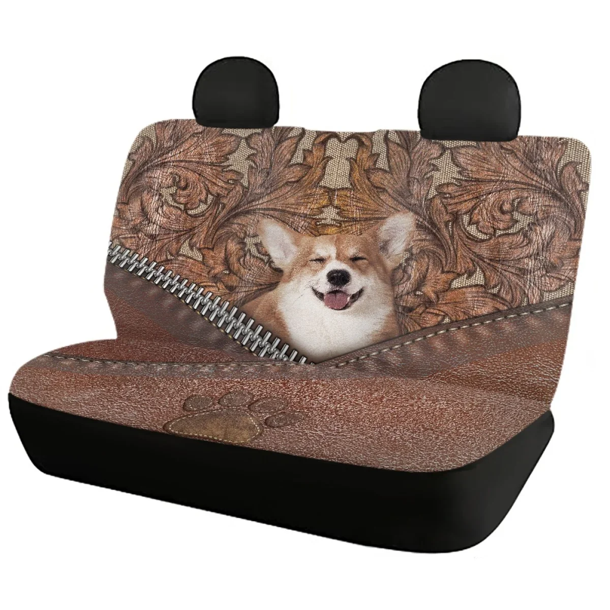 Cute Corgi 3D Leather Design Car Front and Rear Automobile Seat Protector Dog Paw Print Anti-Slip Car Seat Cushion