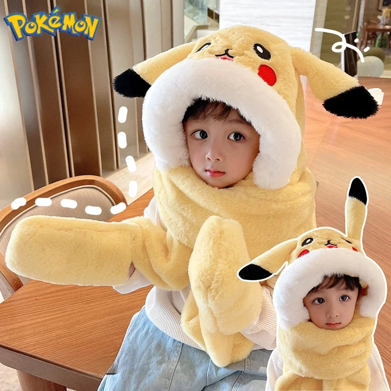 Pokemon Anime Pikachu Ears Moving Hat Kawaii Soft Gloves Winter Cold Protection Baby Cute Scarf Children's Toys Christmas Gift