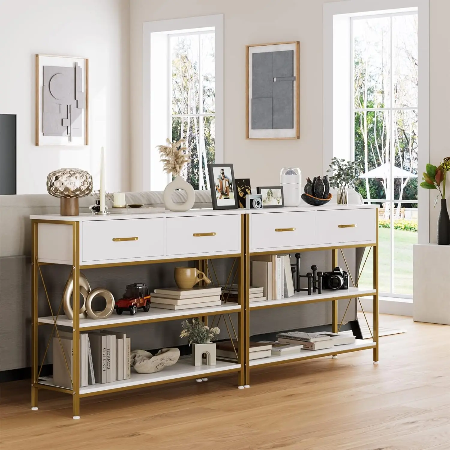 Comfort Corner Industrial Console Table with Drawers,Hallway Foyer Table with Storage Shelves, Narrow Long Sofa Entryway Table