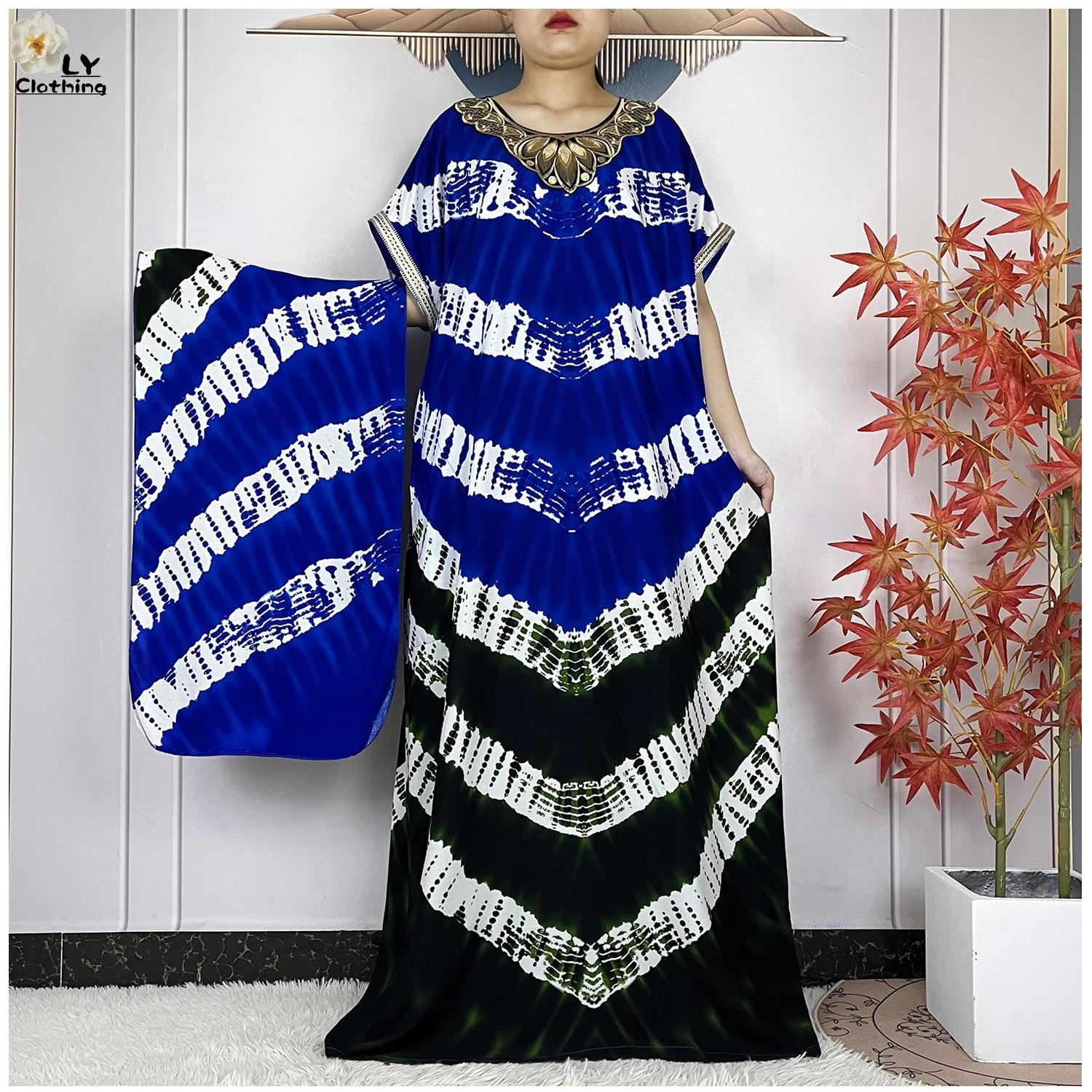 New Women\'s Clothing Muslim Abayas Cotton Printed Caftan Woman Short Sleeve Dashiki African Islam Femme Dresses With Headscarf