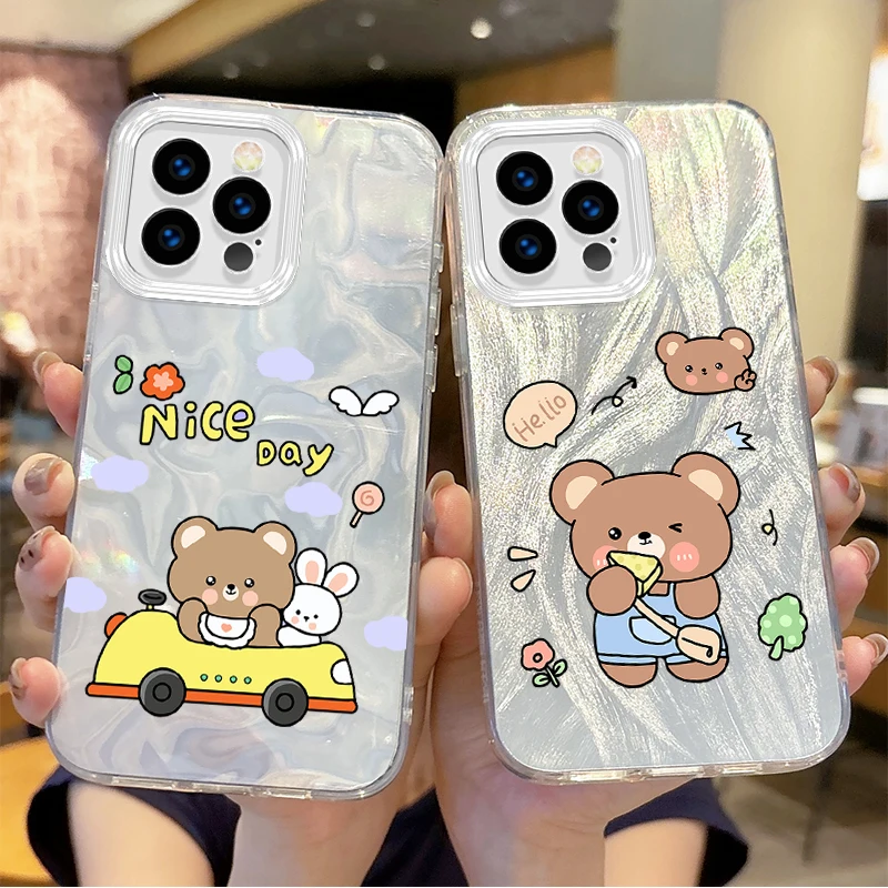 New Adorkable Cartoon Brown Bear Gradient For iPhone 16 Pro Max Case 15 14 13 12 11 8 7 Pro Max Plus XS XR Hard Shockproof Cover