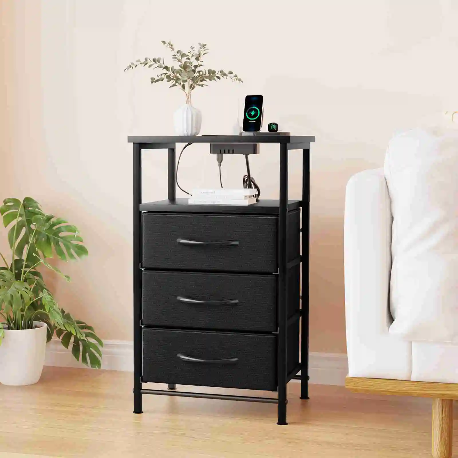 

Bedroom Side Table Nightstand with Charging Station Adjustable LED Light Bed Side Table 3 Drawers for Living Room Bedroom Black