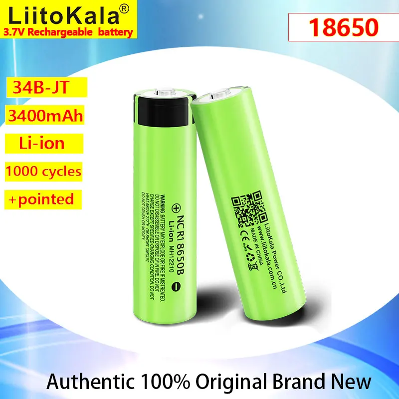 LiitoKala NCR18650B 3.7V3400mAh 18650 rechargeable lithium battery with pointed tip (no PCB), suitable for flashlights