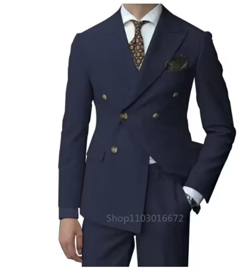 2 قطع الرجال بدل زفاف مجموعة موضة جديدة الرجال بدلة عمل رسمية الذروة التلبيب مزدوجة الصدر السترة بنطلون لحفلة موسيقية