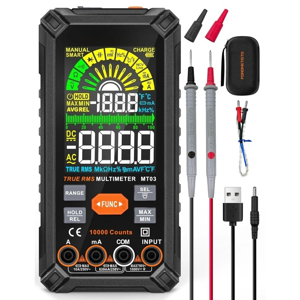 

Цифровой мультиметр, 10000 отсчетов, TRMS, водольтметр с автоматическим определением диапазона, амперметр, омметр, измеряет напряжение, ток, сопротивление, емкость