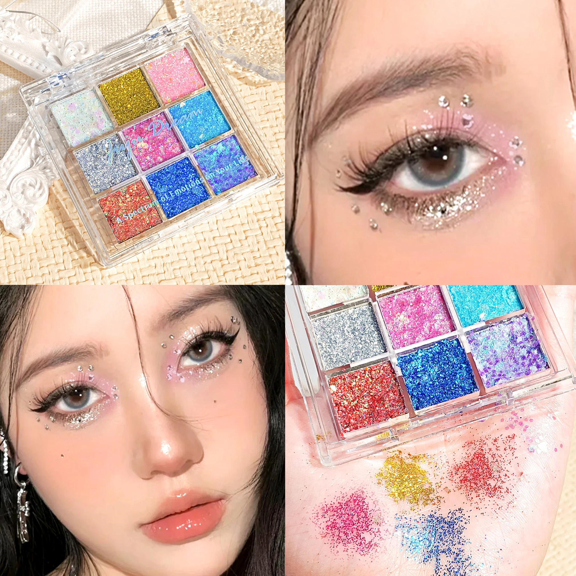 Paleta de sombras de 9 cores com lantejoulas e glitter - glitter dourado de alto pigmento, maquiagem de palco e festa, festivais de música/carnavais/Páscoa