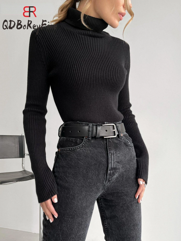 Women‘s Turtleneck Sweaters Basic Autumn Winter Tops Slim Fit Thin Black Pullover Solid Rib Knitted Sweater Jumper Soft 2024