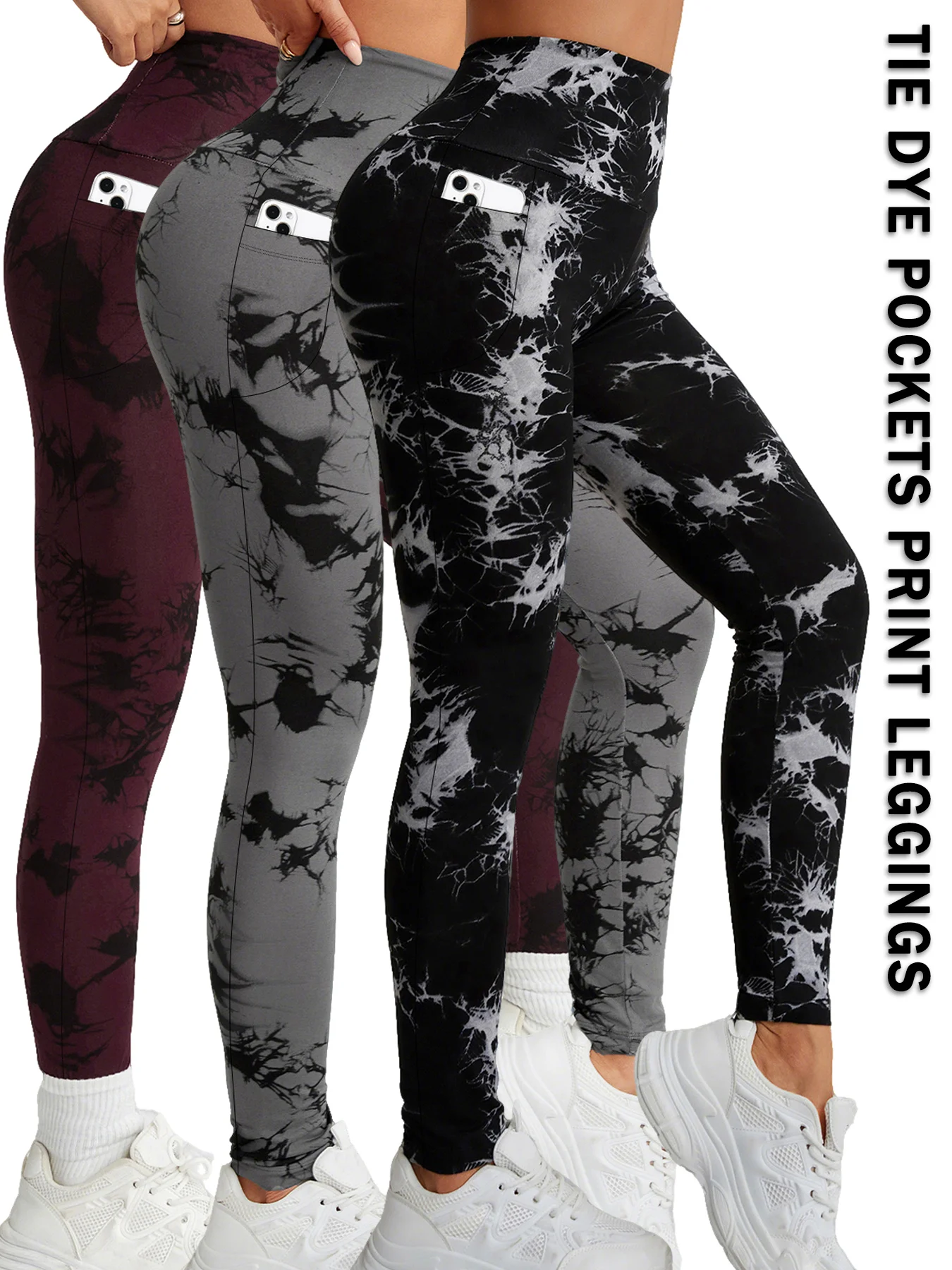 3 عبوات من سراويل ضيقة فائقة النعومة عالية الخصر مطبوعة مع جيوب للتحكم في البطن بدون رؤية من خلال تجريب الجري واليوجا