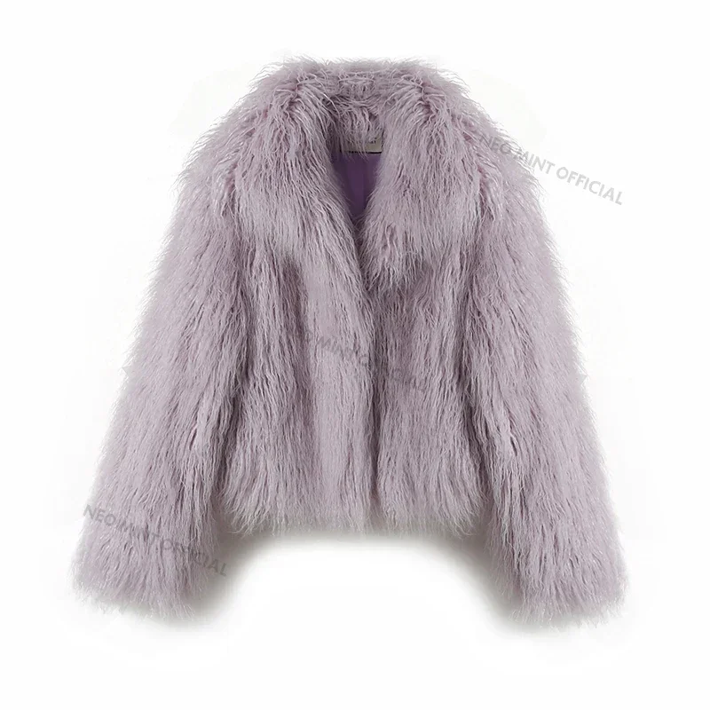 Neo Mint Luxury Classic Hairy Mongolia Sheep Fur Jacket Women Winter Fluffy Warm Stand Collar Faux Fur Jacket Hot Girls Overcoat