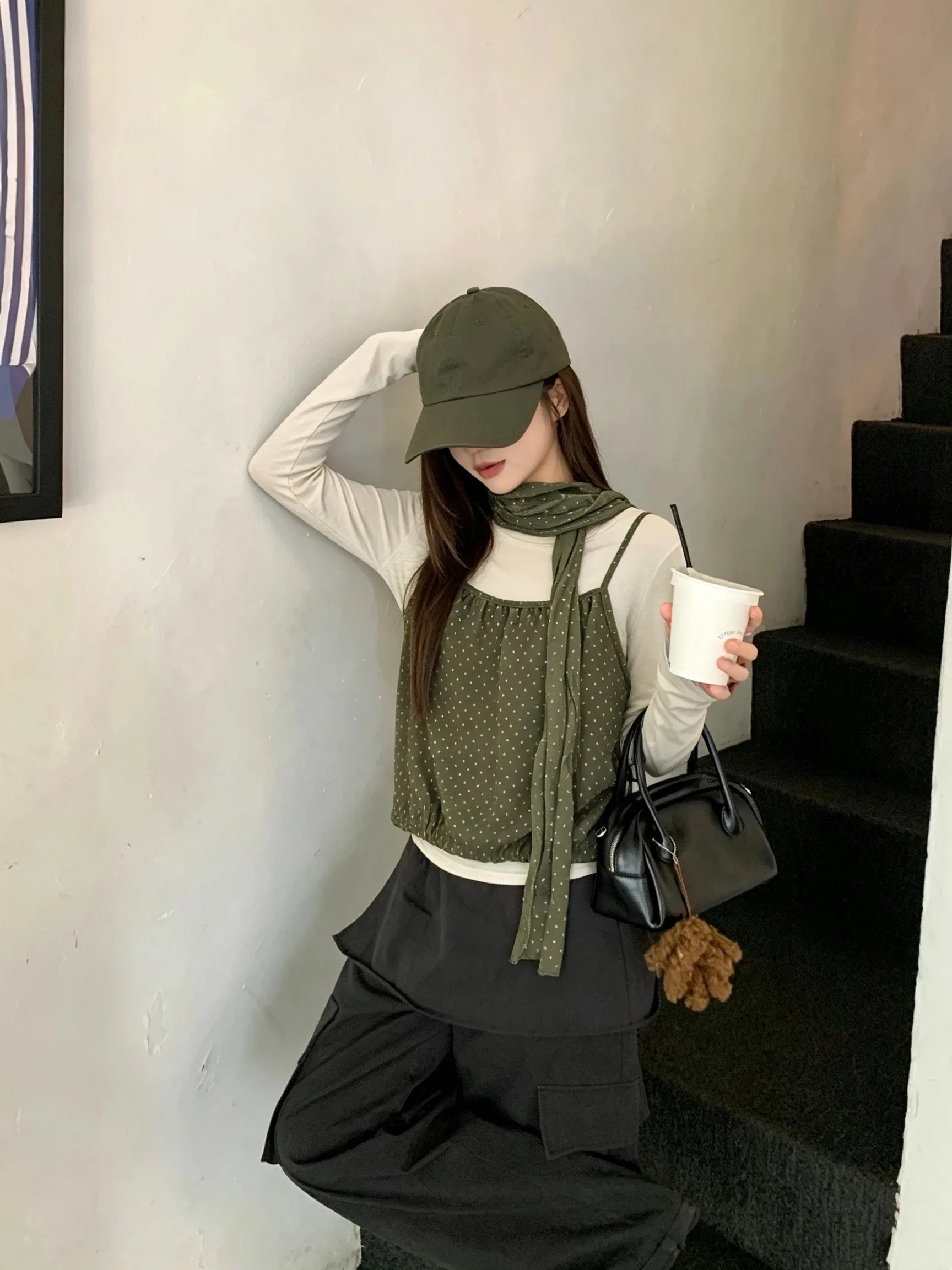 Korean Style Long Sleeve T-Shirt Women's Autumn Outerwear Polka Dot Hanging Neck Sash Vest Three Piece Set Top Citywalk Ladies