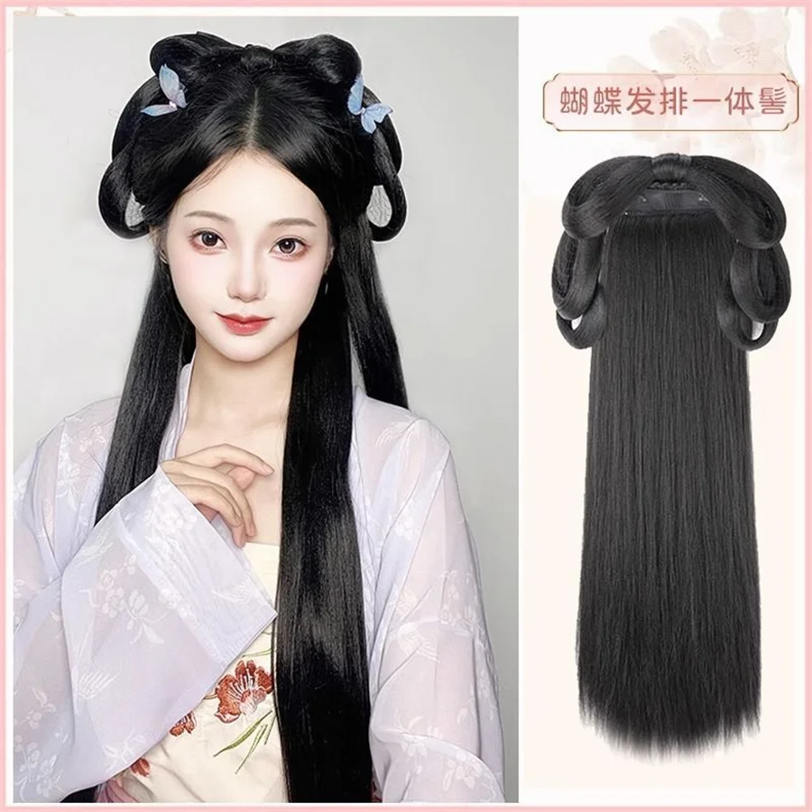 Peruca antiga chinesa para mulheres, perucas hanfu, cocar, fotografia, acessório de dança, coque de cabelo integrado, preto