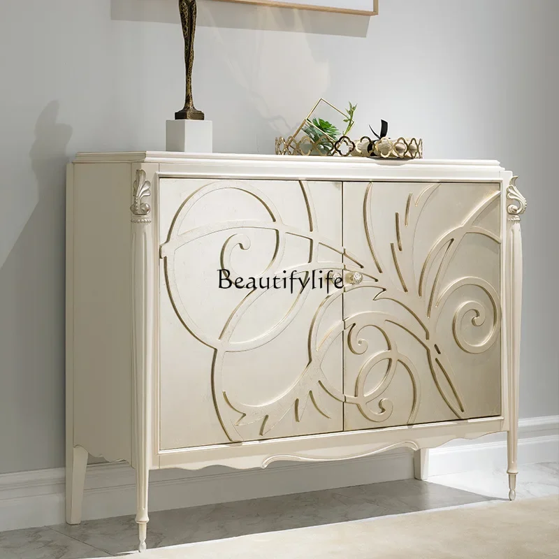 

yj32 Solid wood porch cabinet American light luxury simple post-modern neoclassical European solid wood carving flower shoe cabi