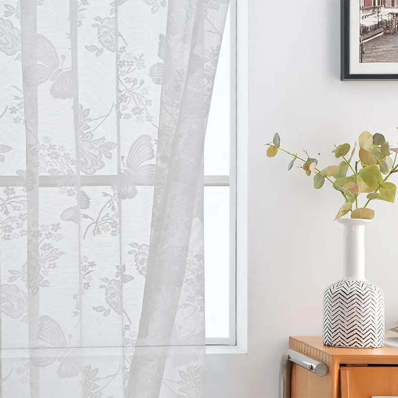 

European White Butterfly Jacquard Tulle Curtains For Living Room Lace Sheer Voile Curtain For Bedroom Window Balcony Kitchen