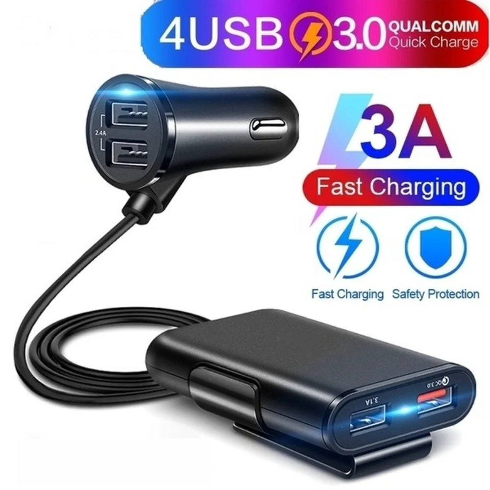 

2026 Universal 4 Ports USB Car Charger Front Seat Back Seat QC3.0 Quick Charging USB Adapter for Car Charger USB Fast Charger