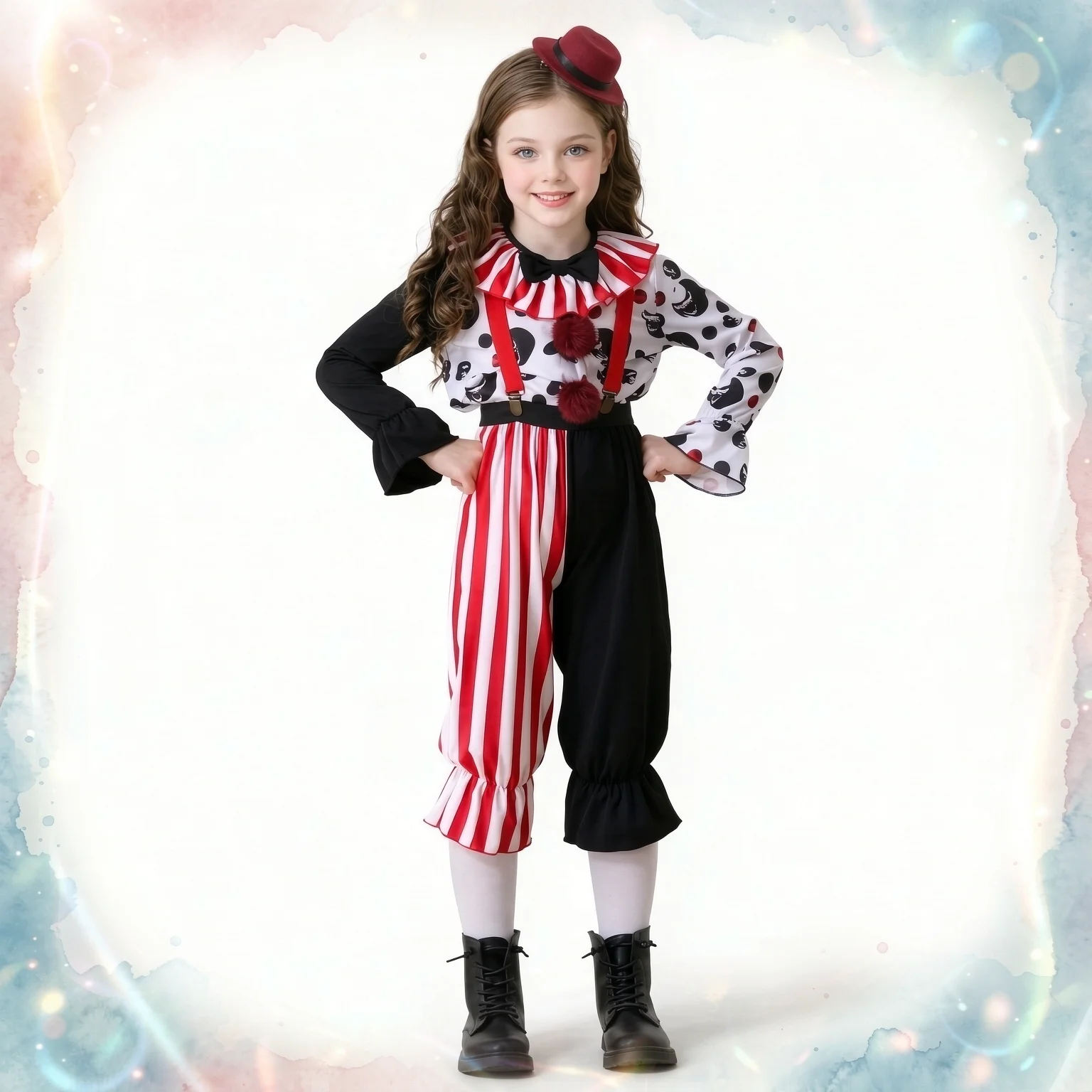 4Pc Spooky Clown Kids Cosplay Costume Set, Girls Halloween Party Outfit, Carnival Stage Performance Dress‑up Suit Gift festival