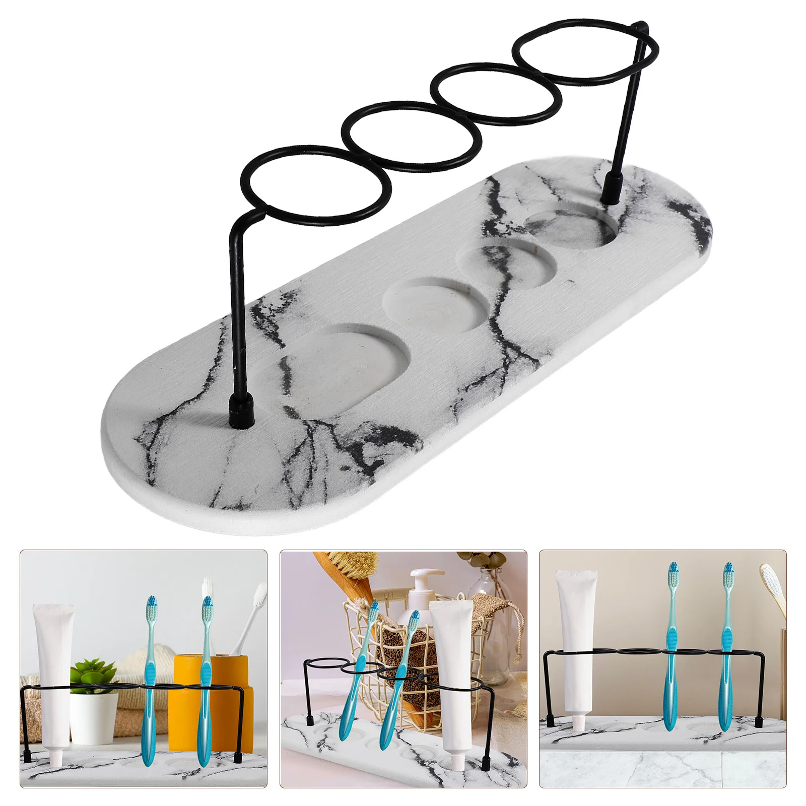 

Marble Pattern Water Absorbing Mat Diatomite Toothbrush Holder 4-Slots Bathroom Organizer Countertop Storage Rack