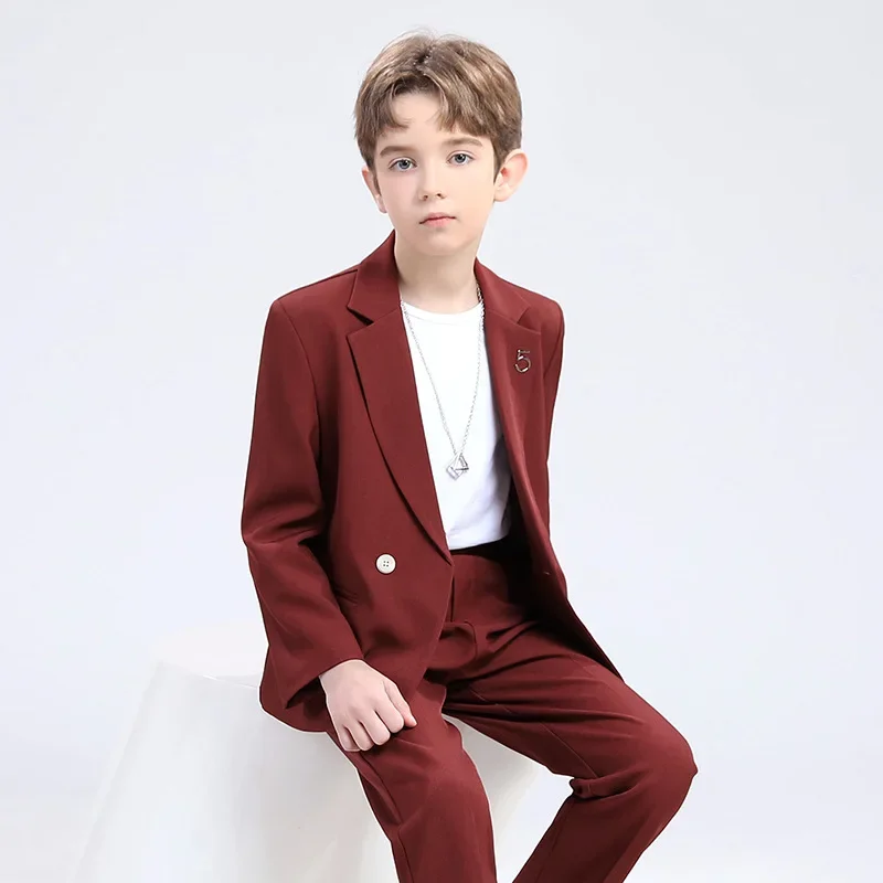 Boys Grey blue Red Slim Fit Suits Formal Wear Children Teenager Best man Host Performance Clothes Kids Students Party Full Dress