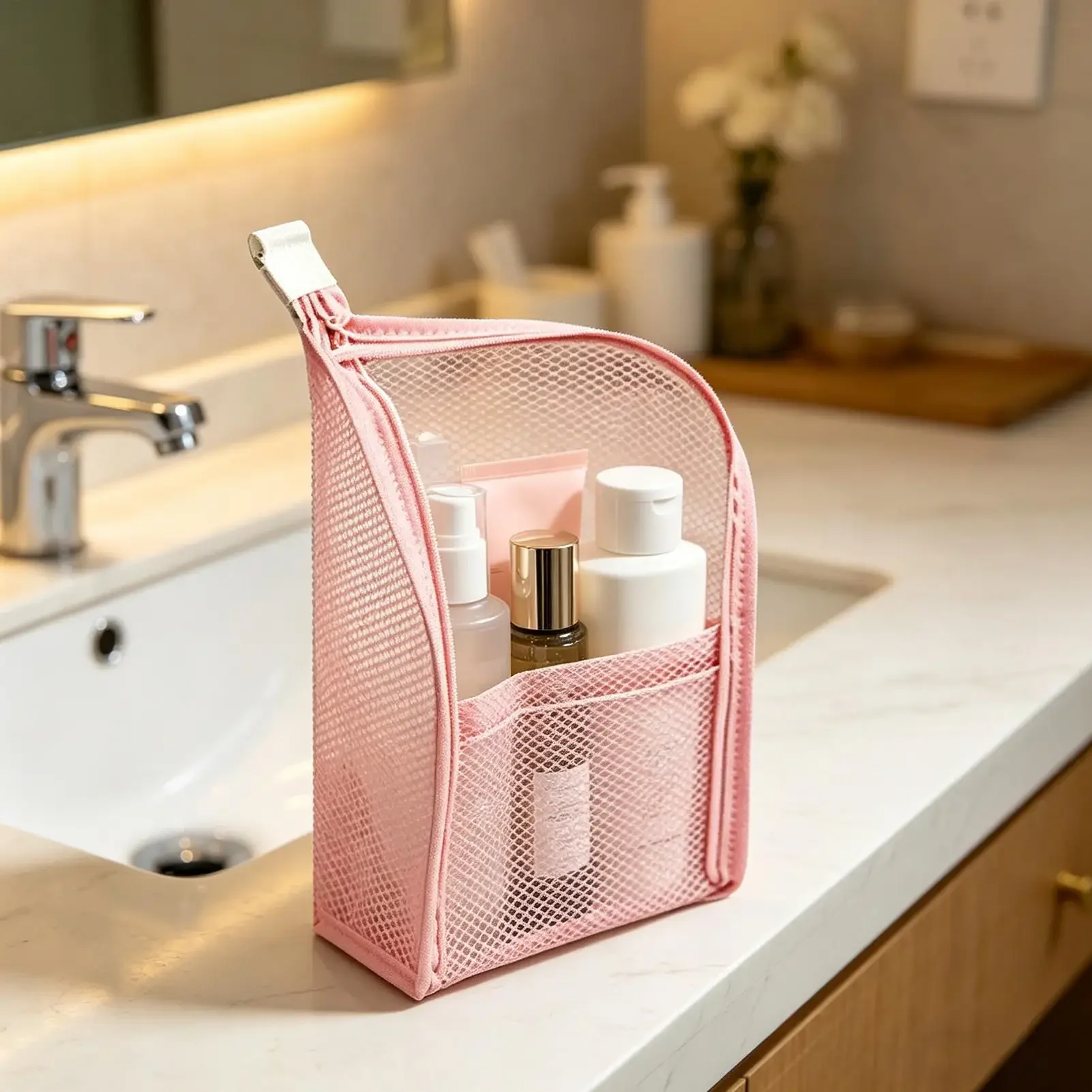 

Standing Toiletry Bag Waterproof Mesh Cosmetic Pouch Women Travel Size Toiletries Bag For travel Home Bathroom Bedroom Gym