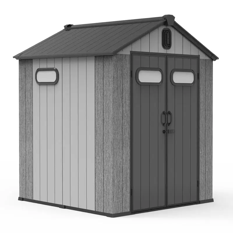 

6x6 футов уличный сарай для хранения из смолы, водонепроницаемый пластиковый садовый сарай с запираемой дверью, окнами и вентиляционными отверстиями, идеально подходит для патио