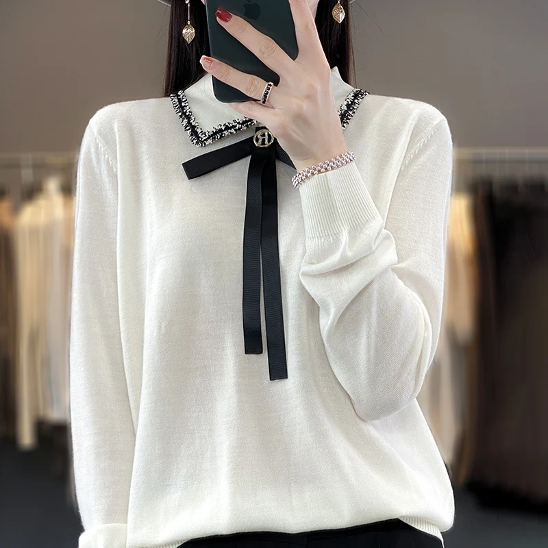 Autumn And Winter New Cashmere Sweater Women's Polo Neck Pullover Long Sleeve Solid Loose Small Fragrance Casual Style Knitwear