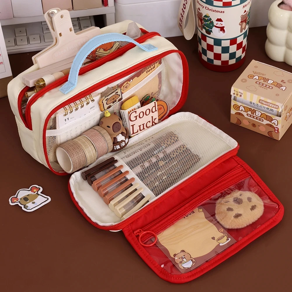 Aesthetic 9 Layers Pencil Case Zipper Portable Large Capacity Pencil Bag Bear With Curriculum Schedule Stationery Storage Bag