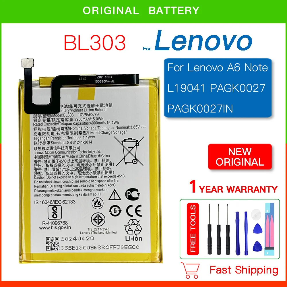 

Genuine Replacement BL303 4000mAh battery For Lenovo A6 Note L19041 PAGK0027 PAGK0027IN Phone Batteries+FREE Kit Tools