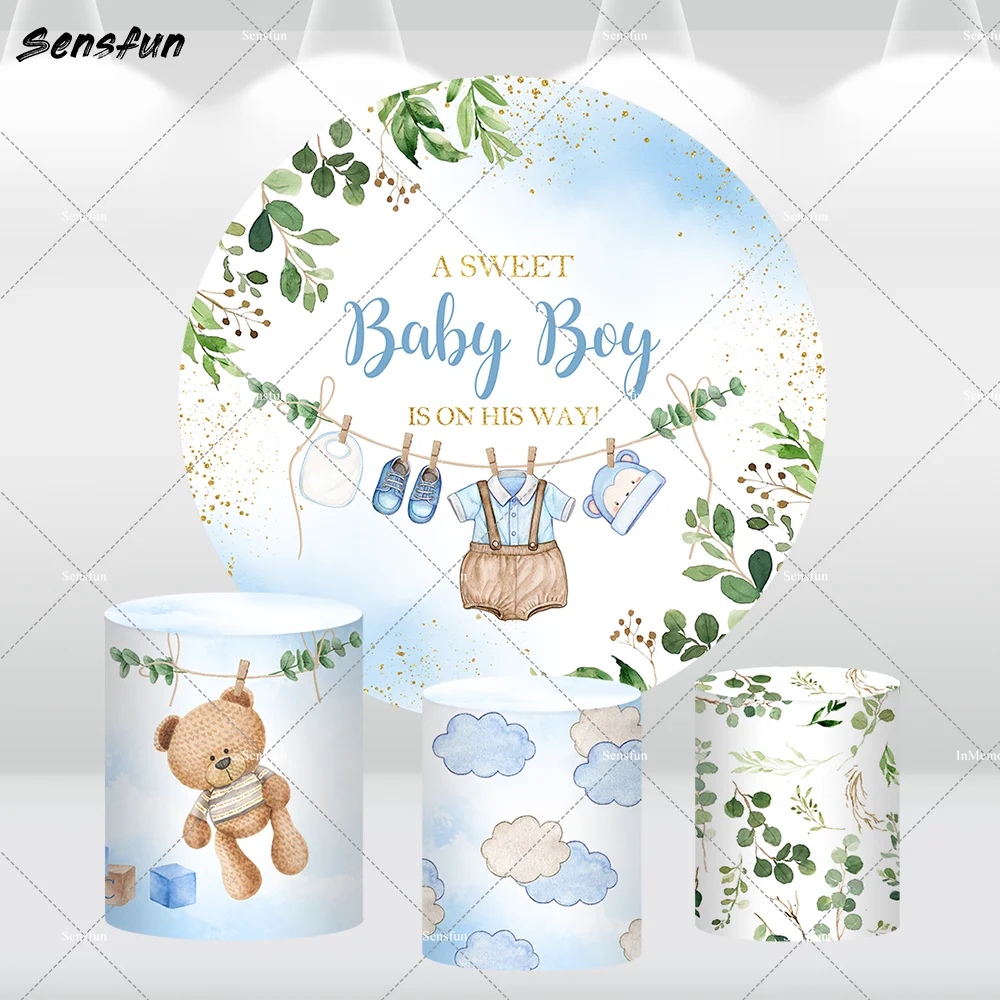 Sweet Baby Boy Baby Shower Round Backdrop Blue Greenery Baby Shower Party Decoration Frist Birthday Background Wall 2-Sided