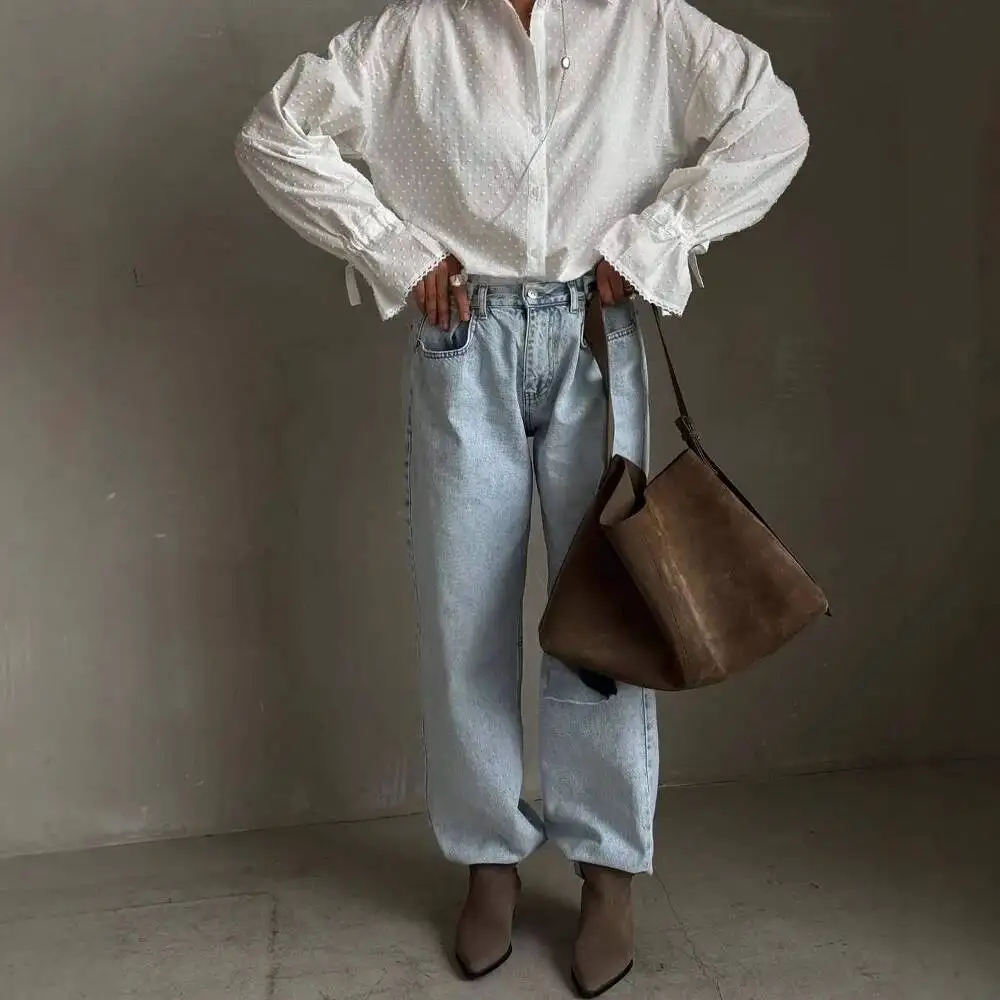Single Breasted Cardigan Cotton Blouse Women's White Shirts Spring Fashion Autumn New Flared Sleeve Top